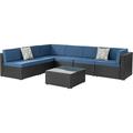 7 Pieces Outdoor Patio Sectional Sofa Couch Black PE Wicker Furniture Conversation Sets with Washable Cushions & Glass Coffee Table for Garden Poolside Backyard (Aegean Blue)