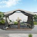 4-Seat Outdoor Glider Bench with Canopy Retro Metal Glider Chair with Coffee Table and Aluminum Frame Patio Swing Chair with Tent for Outside Garden Lawn Grey+Brown