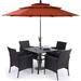 & William Outdoor 6 Pieces Dining Set with 4 Rattan Chairs 1 Metal Table and 1 10ft 3 Tier Auto-tilt Umbrella(No Base) Orange Red Modern Patio Furniture for Poolside Porch Patio