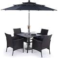 & William Outdoor 6 Pieces Dining Set with 4 Rattan Chairs 1 Metal Table and 1 10ft 3 Tier Auto-tilt Umbrella(No Base) Orange Red Modern Patio Furniture for Poolside Porch Patio