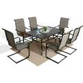 7 Pieces Patio Dining Furniture Set Outdoor High Back C Spring Motion Sling Chairs with Cotton-Padded Set of 6 Outdoor Rectangular Steel Dining Table with Umbrella Table