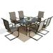 7 Pieces Patio Dining Furniture Set Outdoor High Back C Spring Motion Sling Chairs with Cotton-Padded Set of 6 Outdoor Rectangular Steel Dining Table with Umbrella Table