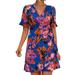 SIMU Summer Dresses for Women 2024 Women s Spring and Summer Floral Printed V Neck Waist Bow Tie Mini Loose Dress Blue M