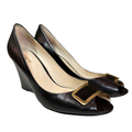 Coach Shoes | Coach Elsa Sz: 8.5 Peep Toe Black Leather Slip On Fashion Wedge Pumps Shoes | Color: Black/Gold | Size: 8.5