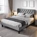 Full Bed Frame with Button Tufted Wingback Headboard, Modern Fabric Upholstered Platform Bed Frame with Strong Wood Slat Support