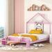 Full Size Floor Bed Frame with House-Shaped Headboard, Wooden House Platform Bed Full Size with Slat Support for Kids, Pink