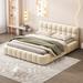 Queen Upholstered Platform Bed Frame, Thick Linen Fabric Upholstered Grounded Bed with Solid Frame & Tufted Headboard, Beige