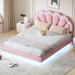 Queen Size Upholstered Smart LED Bed Frame with Flowers Headboard,Pink