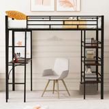 Twin Size Loft Bed, Metal Twin Loft Bed Frame with 3 Layers of Shelves and Desk, Stylish Metal Bed with Whiteboard, Black