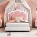 Twin Upholstered Princess Bed With Crown Headboard, Platform Bed with Headboard & Footboard, Cute Platform Bed Frame for Kids