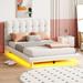 Full Velvet Platform Bed with LED Frame, Button-Tufted Design Headboard, Strong Wooden Support, for Kids, Teens, Adults, Beige