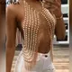 GACVGA Pure hand stitching Pearl metal Tassel Crop Top Women Summer Backless Top Sexy Punk Beach