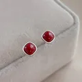 Buyee 925 Sterling Silver Small Stud Earring Cute Cushion Red Agate Earring for Women Girl Party