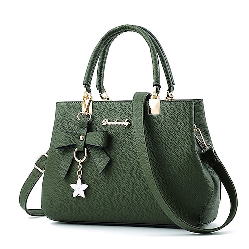 Damenhandtasche aus Kunstleder mit Henkel und Schleifenanhänger, elegante, strukturierte Umhängetasche fürs Büro, zum Einkaufen und für den täglichen Gebrauch