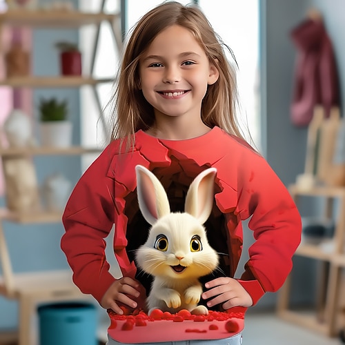 Mädchen 3D Karikatur Hase Pullover Langarm 3D-Druck Sommer Herbst Modisch Strassenmode bezaubernd Polyester kinderkleidung 3-12 Jahre Outdoor Casual Täglich Regular Fit Image
