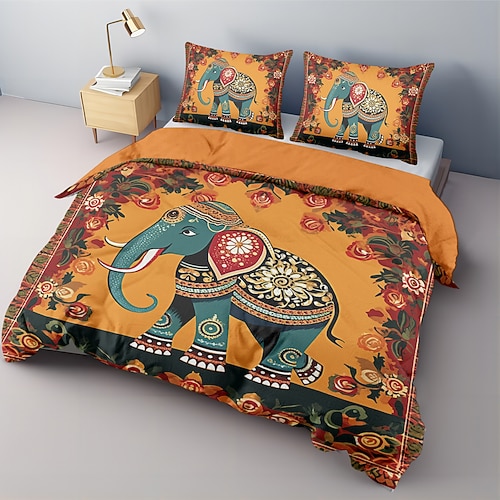 Buntes Elefanten-Bettbezug-Set, Baumwolle, Baumwoll-Bettwäsche-Set, 2-teilig, 3-teilig, leichtes, weiches, kurzes Plüsch-Set, indianischer Stil, Volkskunst, King-Queen-Bettbezug Image