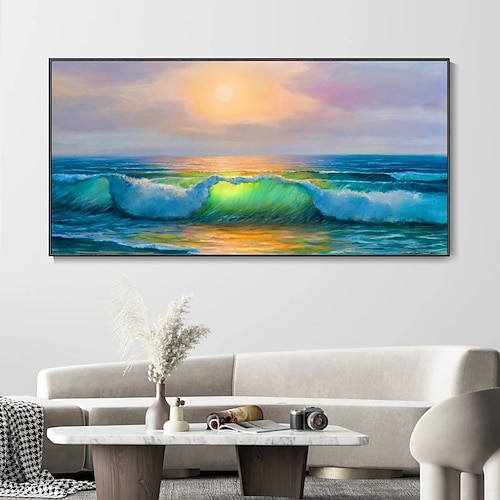 Handgefertigtes Ölgemälde auf Leinwand, Wandkunst, Dekoration, abstrakte Meereslandschaft, buntes Meer, Sonnenuntergang für Wohnkultur, gerollt, rahmenlos, ungedehnt Image