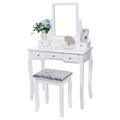 CRIXLHIX Vanity Set with Mirror & Cushioned Stool Dressing Table Vanity Makeup Table 5 Drawers 2 Dividers Movable Organizers White FST01W