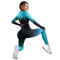 BAODANWUXIAN Workout Outfits Women Seamless Long Sleeve Yoga Set, Close Fitting Tracksuits, Gradient, Gym Crop Thumb Hole Top Fitness Leggings For Running Workout-Green-L