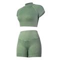 BAODANWUXIAN Workout Outfits Workout Outfit For Women 2 Pieces, Seamless Yoga Leggings, Short Sleeve T-Shirt Top And Shorts Set, Summer Casual Gym Running-Green-M
