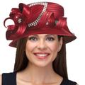PGTEN Women's Satin Dress Church Hats with Rhinestones, Burgundy Red, Medium