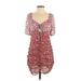 Free People Casual Dress - Mini Plunge Short sleeves: Red Floral Dresses - Women's Size Small