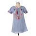 THML Casual Dress - Shift Tie Neck Short sleeves: Blue Print Dresses - Women's Size X-Small