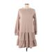 French Grey Casual Dress - Mini High Neck 3/4 sleeves: Tan Solid Dresses - Women's Size Medium