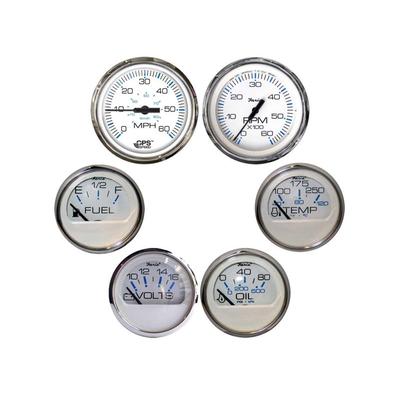 Faria Beede Instruments Chesapeake White w/Stainless Steel Bezel Boxed Set of 6 - Speed Tach Fuel Level Voltmeter Water Temperature & Oil PSI KTF063