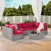 Outdoor Rattan 7-Pieces PE Rattan Modular Sectional Sofa Set, Coffee Table with Tempered Glass with Ottoman and Cushion