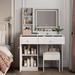 Vanity Desk with Mirror and LED Lights, Makeup Vanity Set with 2 Drawers, Cabinet and Cushioned Stool, Vanity Table with Shelves