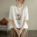 Cotton Linen T Shirts Women Art Nature Flower T-shirt Casual Loose Vintage Printed Short Sleeve Tops