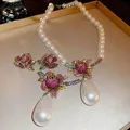 Exquisite Water Drop Pearl Necklace Earrings Brooch For Women Colourful Crystal Rose Flower Bridal