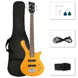 4 Strings GW101 Electric Bass Guitar Kit with Carry Bag Strap Plectrum Wrench Tool 36in Small Scale Mahogany Body Bass Guitar with Split Single-coil Pickup (Yellow)