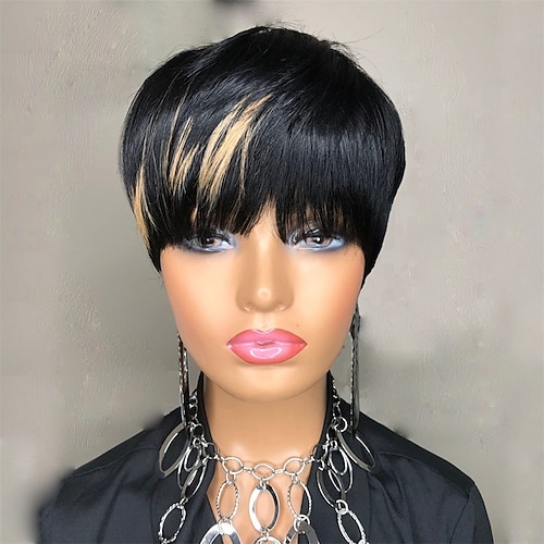 kabadu Pixie Cut Perücken für schwarze Frauen Brasilianisches Echthaar kurze Perücken mit Pony f1b27 blonde Perücken Afroamerikaner 150 % Dichte leimlose Perücken Image