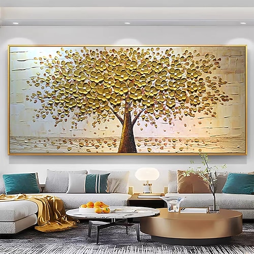 Mintura handgefertigte Baumblumen-Ölgemälde auf Leinwand, Wandkunst, Dekoration, moderne abstrakte Gold-Silber-Baumbilder für Heimdekoration, gerolltes, rahmenloses, ungedehntes Gemälde Image