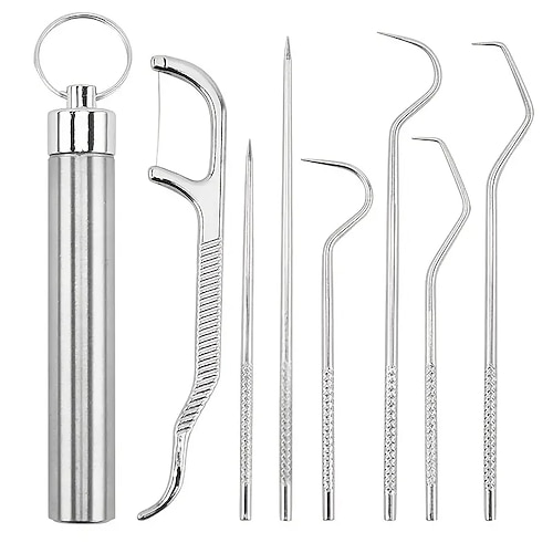 Edelstahl-Zahnstocher-Taschenset, tragbares Zahnseidepick, wiederverwendbare Metallzahnstocher, Zahnreinigungsset mit Schlüsselbundhalter für Outdoor-Picknick, Camping, Reisen Image