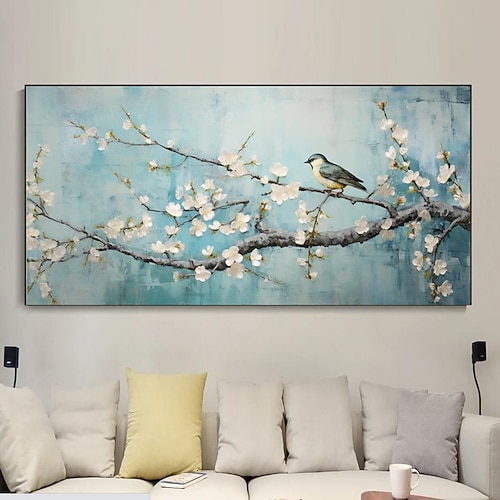 handgemaltes buntes Ölgemälde auf Leinwand, große Wandkunst, abstrakte Blüten-Blumen-Kunst, Vögel, Gemälde, individuelles Gemälde, Wohnzimmer-Dekor, rahmenlos Image