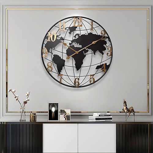 Große Wanduhr mit Weltkarte, modern, stumm, schlicht, rund, Eisendesign, Wohnzimmer, Flurdekoration, elektronische Uhr, 60 cm Image