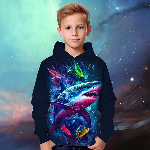 Jungen 3D Tier Hai Kapuzenshirt Pullover Langarm 3D-Druck Herbst Winter Modisch Strassenmode Cool kinderkleidung 3-12 Jahre Outdoor Casual Täglich Regular Fit Image