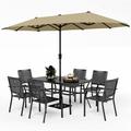 fashionable VILLA Outdoor 10ft Patio Umbrella Set for 4 with 5 Pieces Dining Table Chairs Metal Outdoor Stackable Wrought Iron Chair Set of 4 & 37 Metal Table 3 Tier Vented Dark