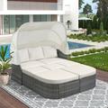 Patio Daybed with Retractable Canopy All-Weather Rattan Wicker Conversation Set Outdoor Sunbed with Curtains and Storage Ottoman Patio Furniture Sets for Garden Backyard Lawn Beige