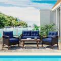 Syngar 4 Piece Patio Furniture Sets Outdoor Sectional Sofa Sets with Blue Cushions All Weather PE Wicker Chairs Set Conversation Set with Wood Coffee Table for Yard Poolside Garden