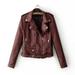 Juebong Teen Girls Spring/Fall Faux Leather Notch Collar Moto Biker Jacket Solid Long Sleeve Casual Short Coat Outwear Ladies Lapel Motor Jacket Coat Zip Biker Short Punk Cropped Tops Wine L