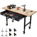 60 Workbench with Drawer Storage Adjustable Height Worktable for Garage Rubber Wood Top Heavy Duty Workbench with Power Outlet & 4 Lockable Wheels 2000lbs Load Capacity for Workshop Home