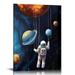 Creowell Space Wall Art for Kids Bedroom Decor Black and White Astronaut Painting Canvas Art Funny Cartoon Universe Theme Poster Framed Home Bathroom Nursery Room DÃ©cor 16x20 in/12x16 in
