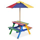 Kids Picnic Table Set w/Removable & Foldable Umbrella Outside Table Set with Benches Wooden Table and Bench Set for Toddler Boys Girls (Colorful)