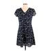 Allegra K Casual Dress - A-Line V-Neck Short sleeves: Blue Print Dresses - Women's Size Small