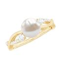 Rosec Jewels Handpicked Natural Cultured White Pearl and Diamond Ring, 8MM Round Certified Pearl Solitaire Crossover Ring for Women, June Birthstone Ring, AAA Quality, Yellow Gold, Size:Y