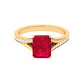 Lab Created Ruby Solitaire Split Shank Ring for Women | 7X9 MM Emerald Cut | Gemstone Engagement Jewelry for Women, Yellow Gold, Size:Z